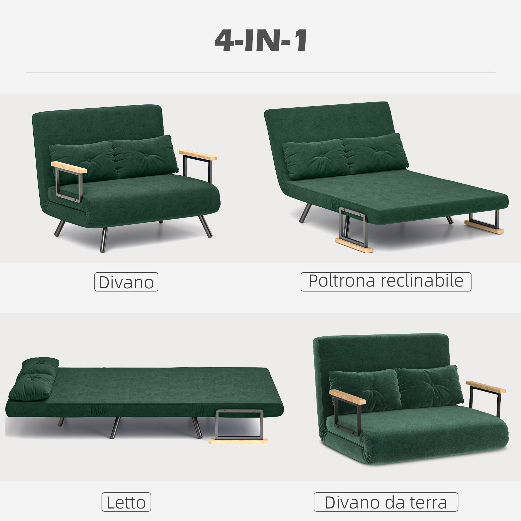 Divano Letto Singolo con Schienale Regolabile 102x73x81 cm in Tessuto Effetto Velluto Verde