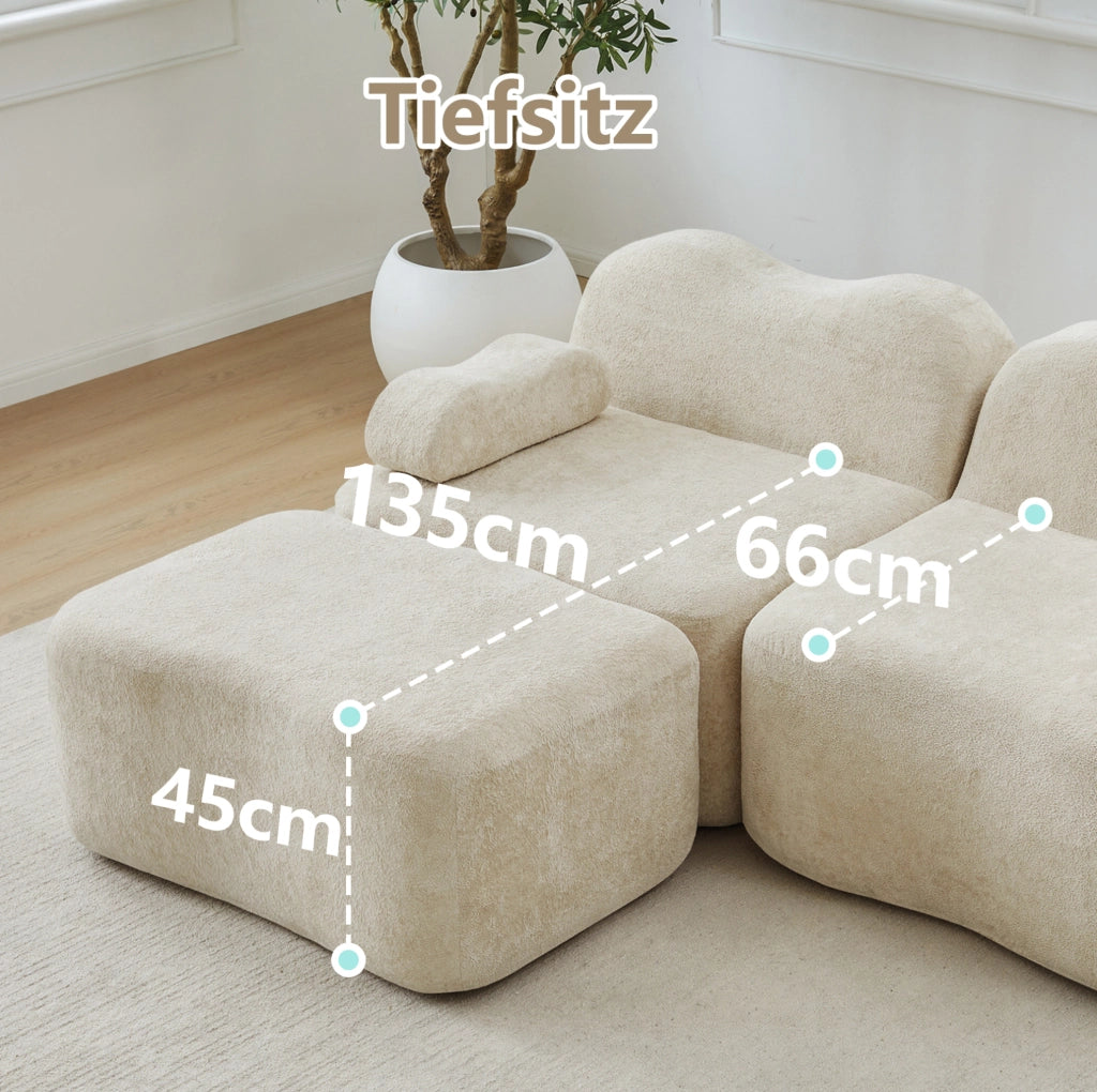 Divano modulare senza struttura in velluto beige con seduta profonda e moduli componibili