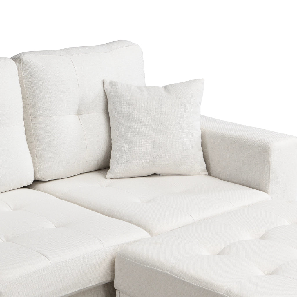 Divano angolare 4 posti con contenitore; USB e LED; pouf modulare in tessuto beige