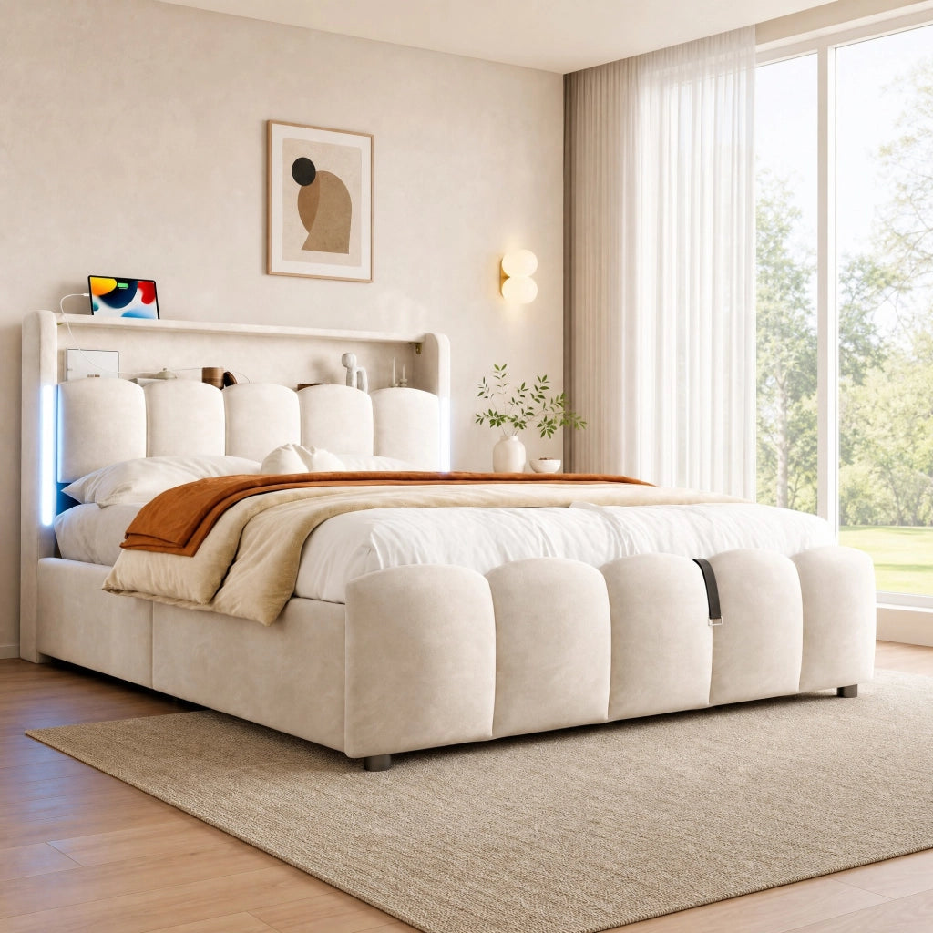 Letto matrimoniale 140x200 cm con contenitore idraulico; LED e USB/USB-C in velluto beige