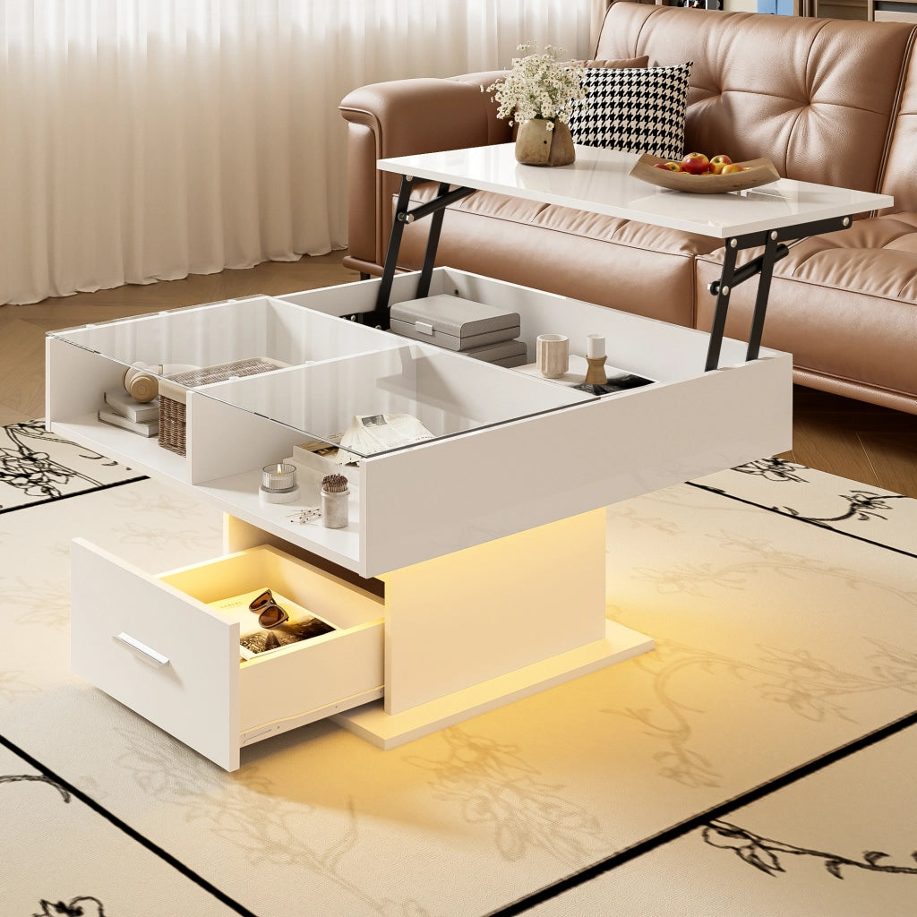 Tavolino da Salotto Sollevabile con 1 Cassetto e 1 Vano e LED; Finitura Lucida; in Pannelli di Truciolare; Bianco