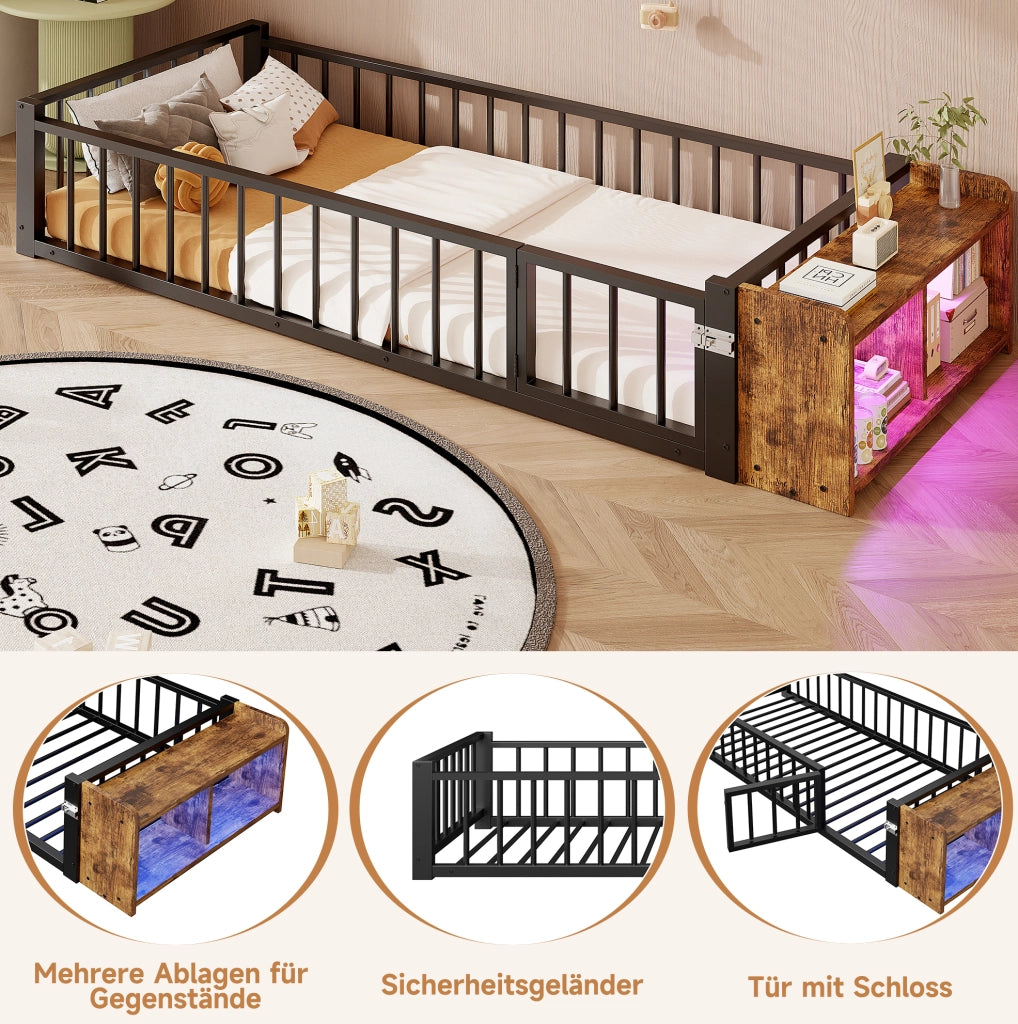Letto singolo per bambini 90x200 cm con LED e vano, nero