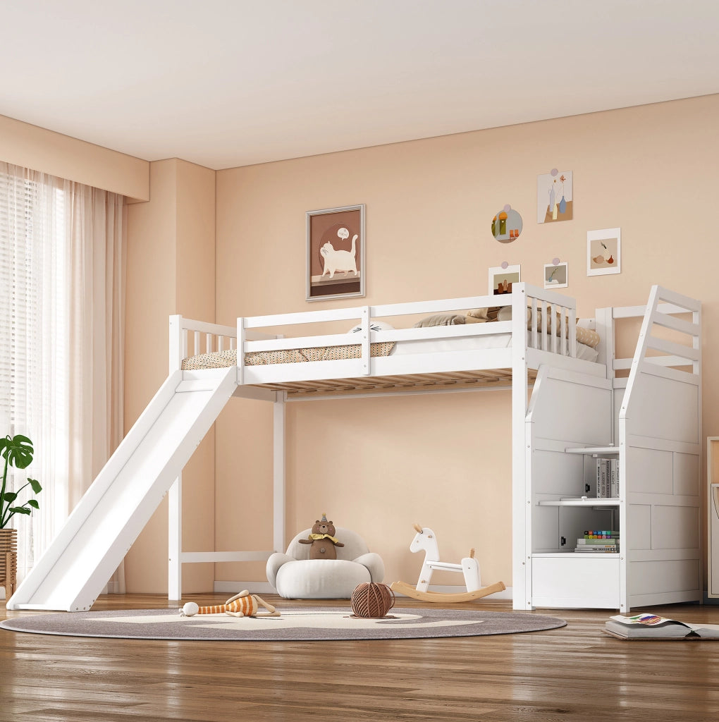 Letto a soppalco per bambini 90x200 cm con scivolo bianco
