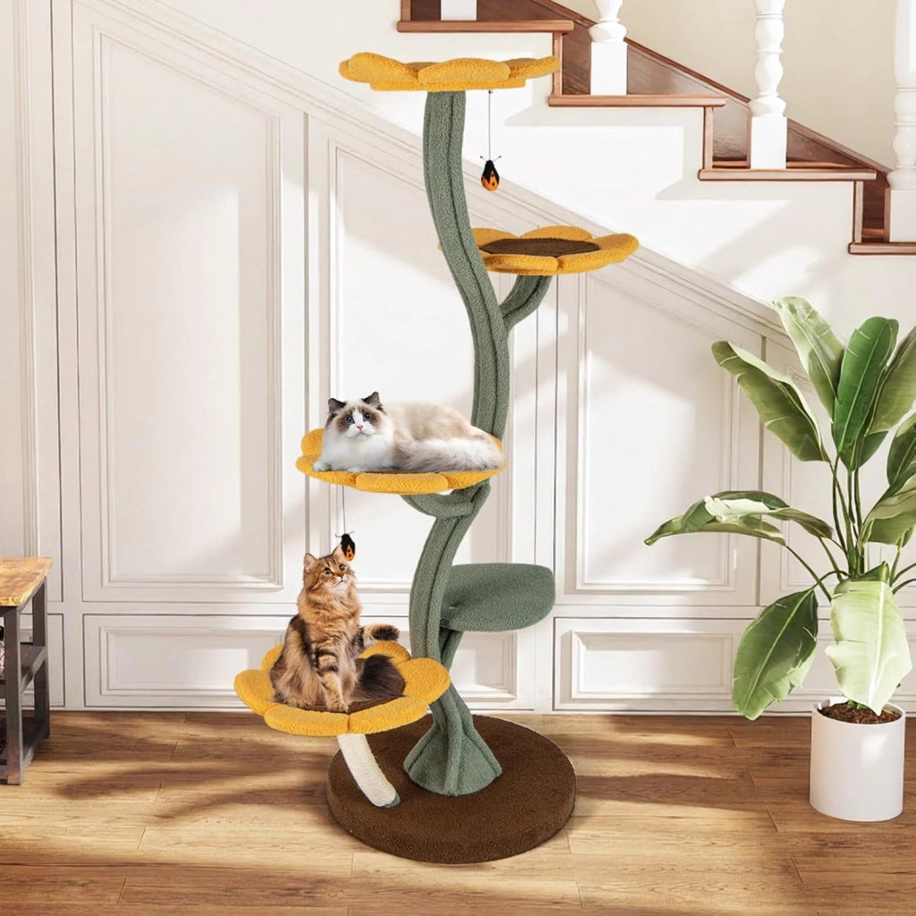 Albero per Gatti, Tiragraffi per Gatti a Forma di Girasole con 4 Piattaforme a Forma di Fiore, Pali Tiragraffi, Base Rotonda Ampia, Piattaforma Imbottita e Pallina Sospesa, Mobili Arrampicata