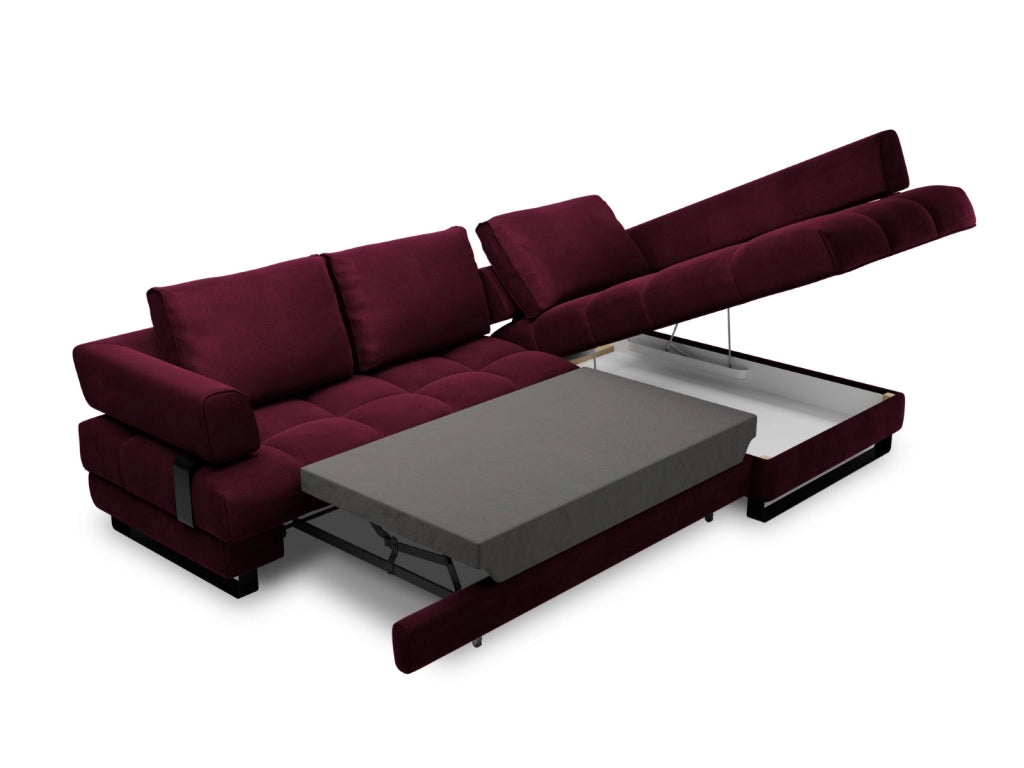 Cosmopolitan Design - Divano convertibile angolare destro con contenitore "Clinton" 5 posti in velluto rosso scuro 