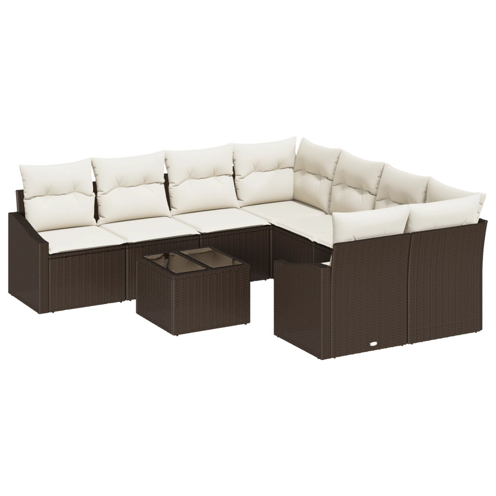 Set Divano da Giardino 9 Pezzi con Cuscini Marrone Polirattan