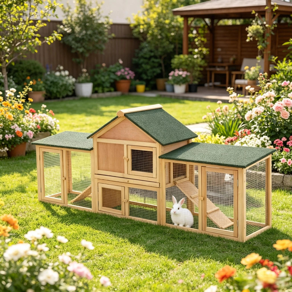 Casetta da giardino a due livelli con rampa e cassetto estraibile in metallo e legno verde naturale