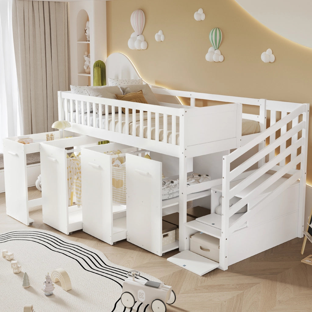Letto a Castello 90x200 cm - con Scrivania Estraibile; Armadi e Armadietti - Bianco