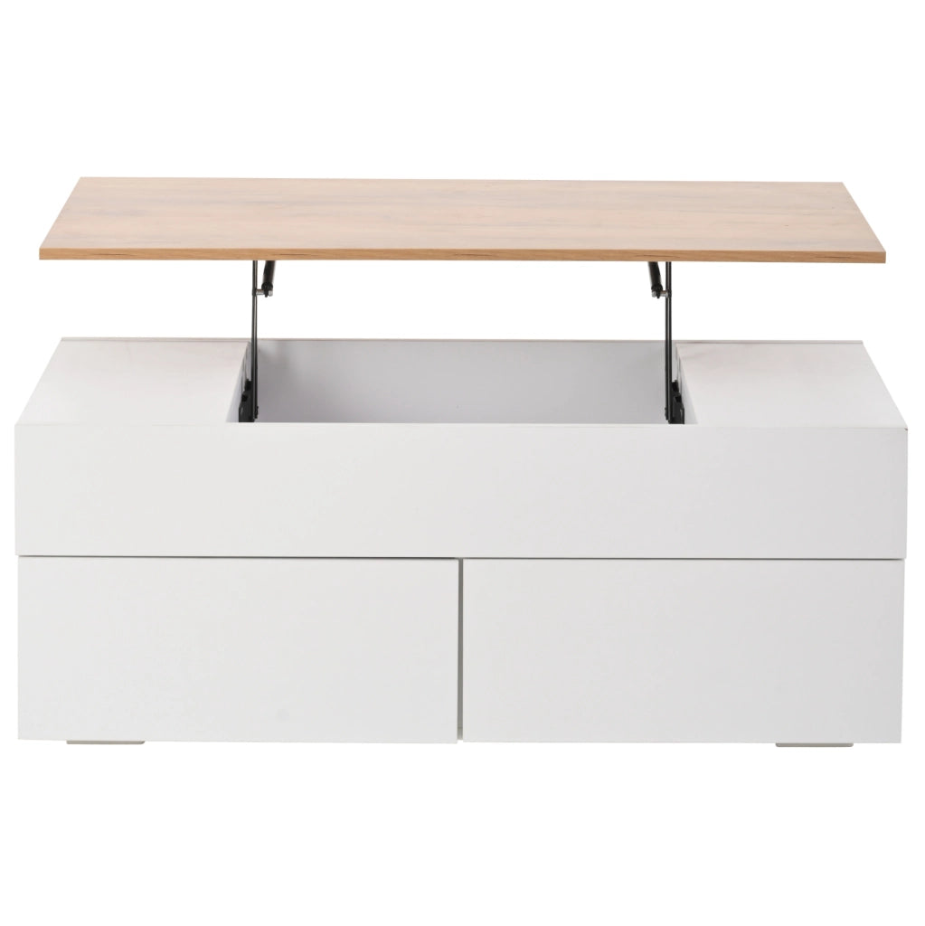 Tavolino da caffè sollevabile 100x50x40 cm con 2 cassetti; bianco e effetto legno