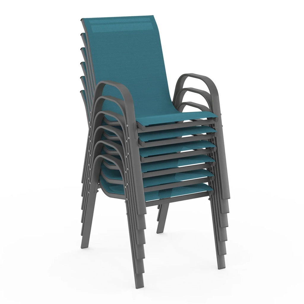 IDMarket - Set di mobili da giardino MADRID tavolo 150 CM e 6 sedie impilabili blu anatra