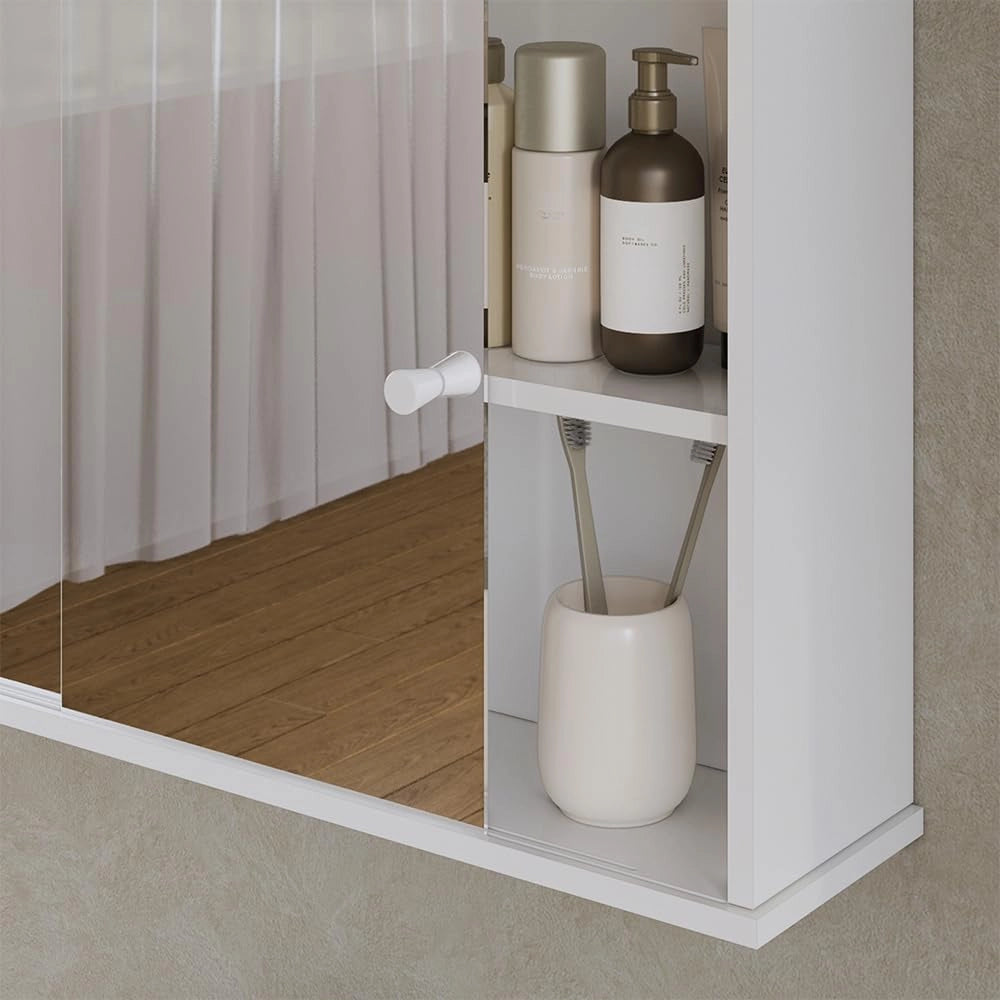 Mobile a specchio per il bagno Mireo, Bianco, 55 x 40 cm con 2 porte scorrevoli, per montaggio a parete con ripiani aperti