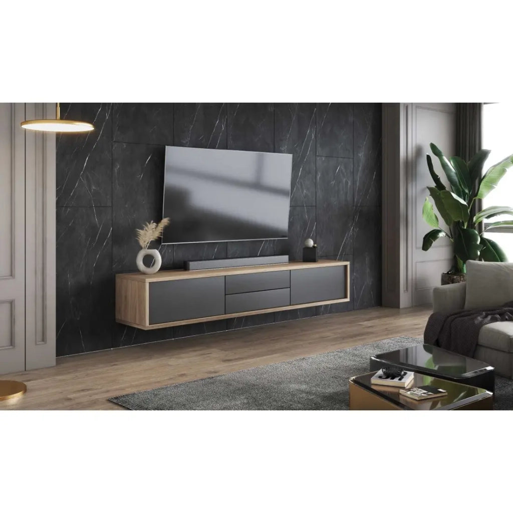 Mobile TV 180cm, 2 cassetti e 2 porte collezione MAANUM. Colore rovere chiaro e grigio.
