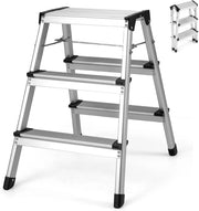 Scaletta Pieghevole in Alluminio, Scala a 3 Gradini Doppia con Pedane Larghe e Piedini Antiscivolo, Struttura Leggera, Portata 150 kg, per Casa, Ufficio e Garage
