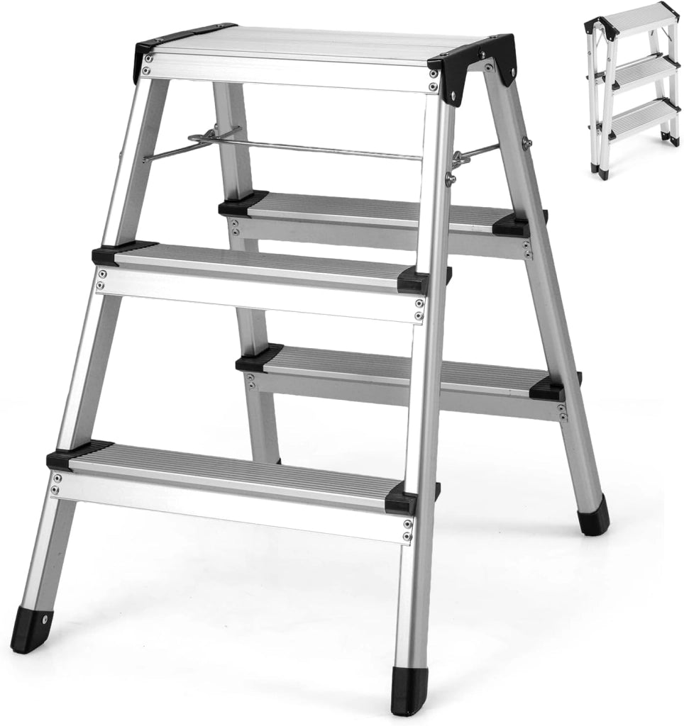 Scaletta Pieghevole in Alluminio, Scala a 3 Gradini Doppia con Pedane Larghe e Piedini Antiscivolo, Struttura Leggera, Portata 150 kg, per Casa, Ufficio e Garage