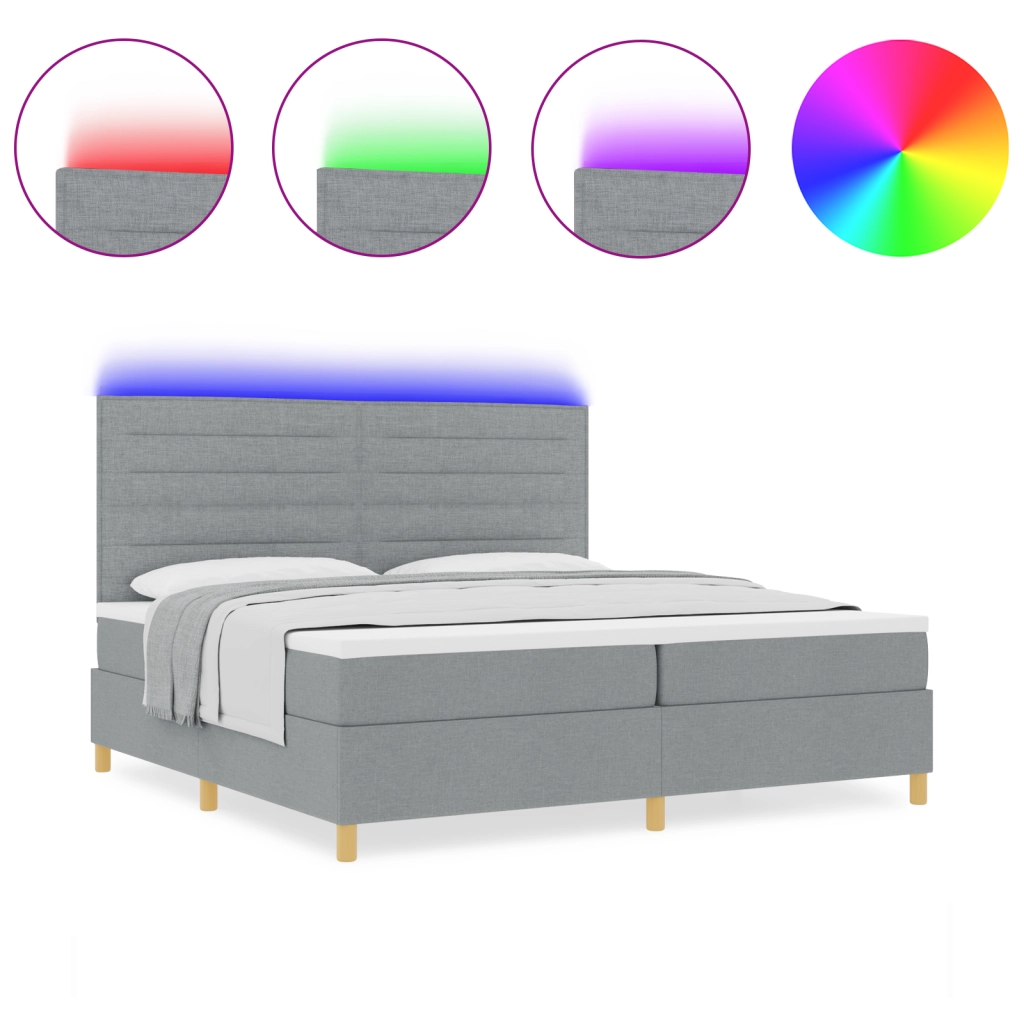Letto con box spring e materasso con luce LED grigio chiaro 200x200 cm in tessuto