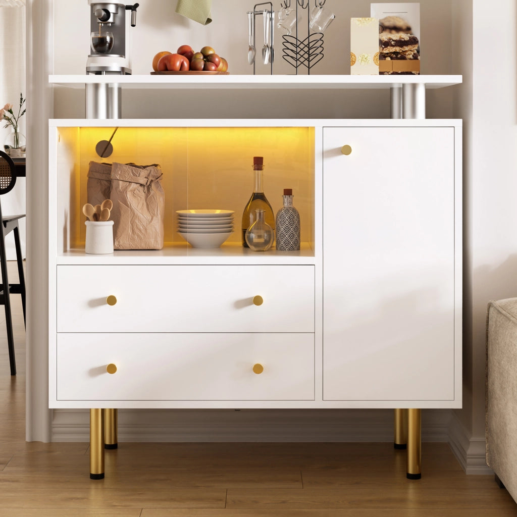 Madia moderna con illuminazione LED, 2 ante in vetro, 2 cassetti e 1 anta, bianca, 80 x 35 x 80 cm