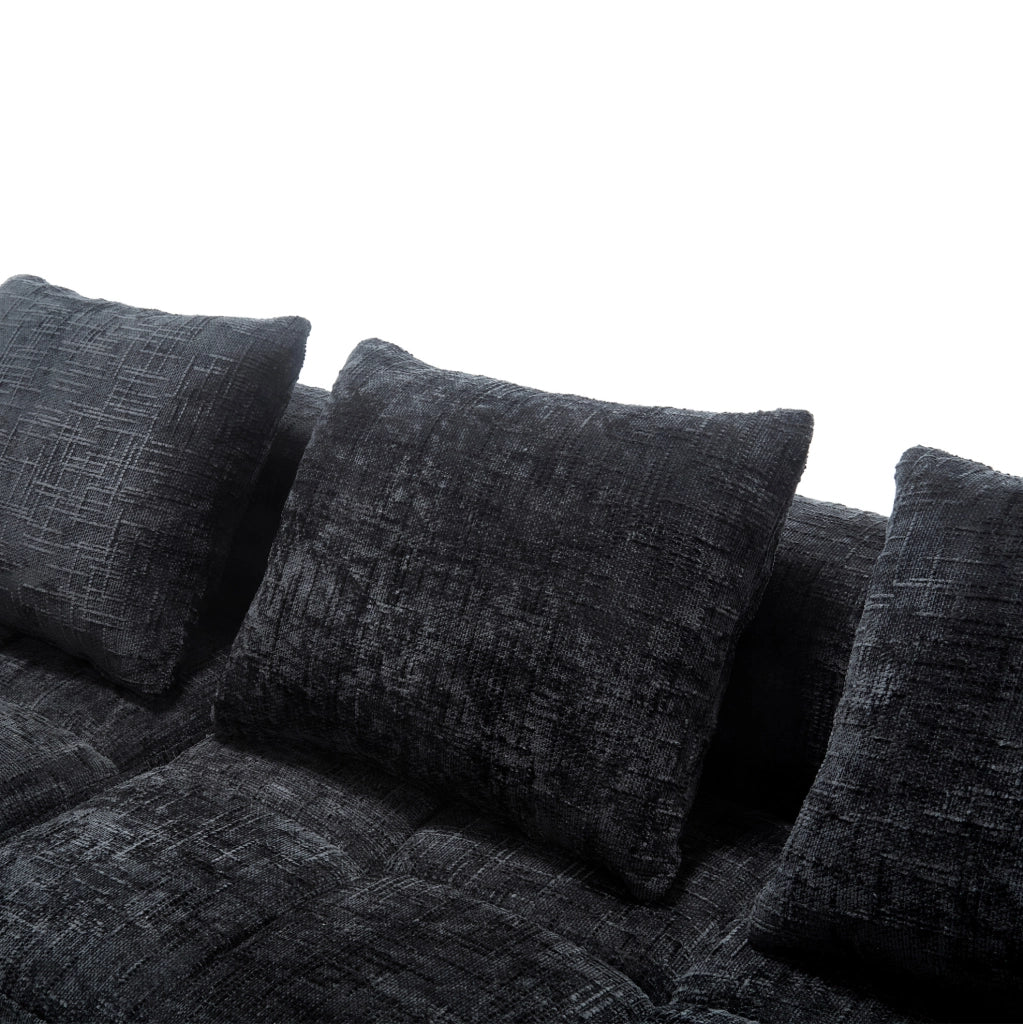 Divano angolare 250x158x60 cm con penisola; tasche laterali e 3 cuscini in chenille nero