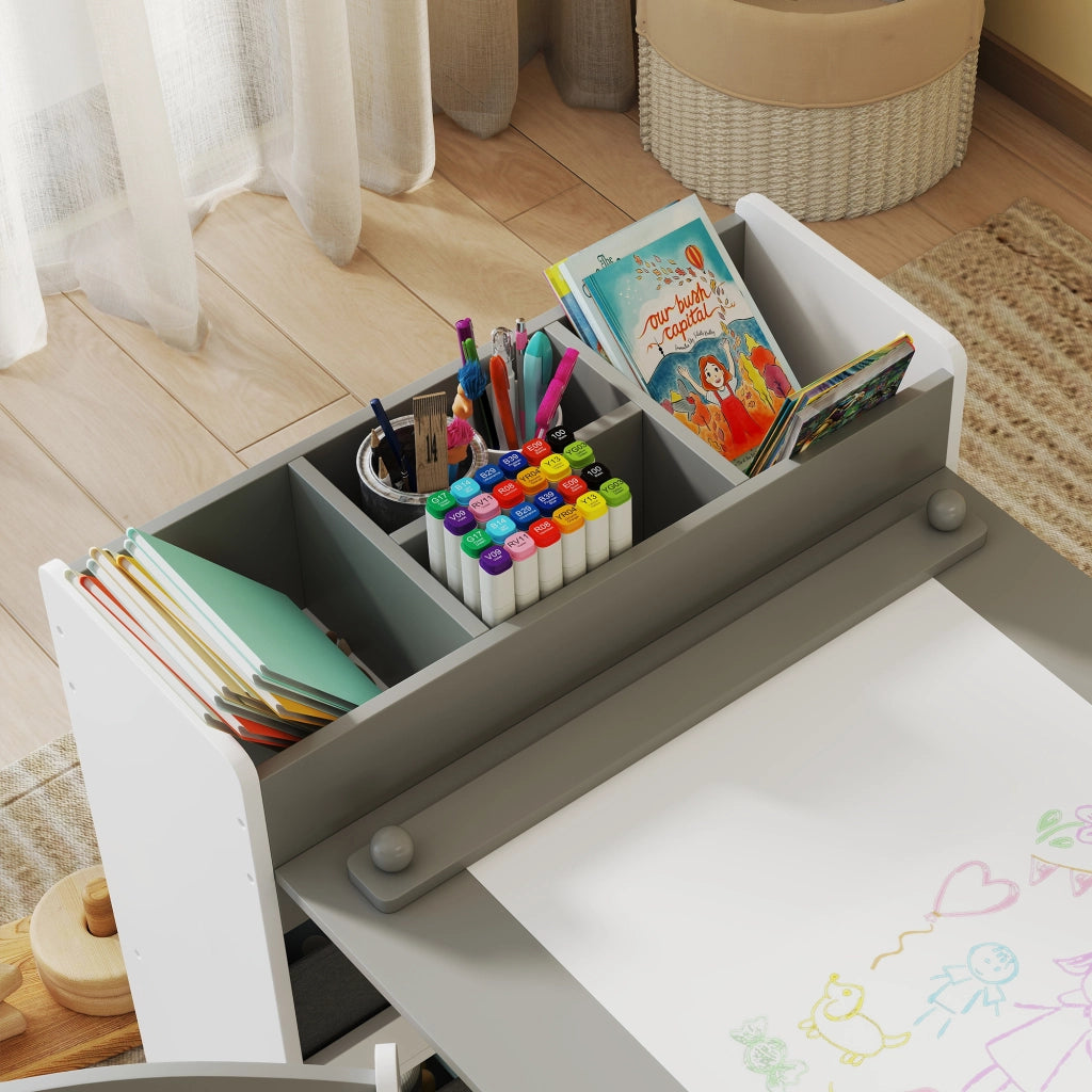 Set Tavolo e 2 Sedie per Bambini con Vani Contenitore 102,5x58x64 cm in Legno e Tessuto non Tessuto Grigio e Bianco