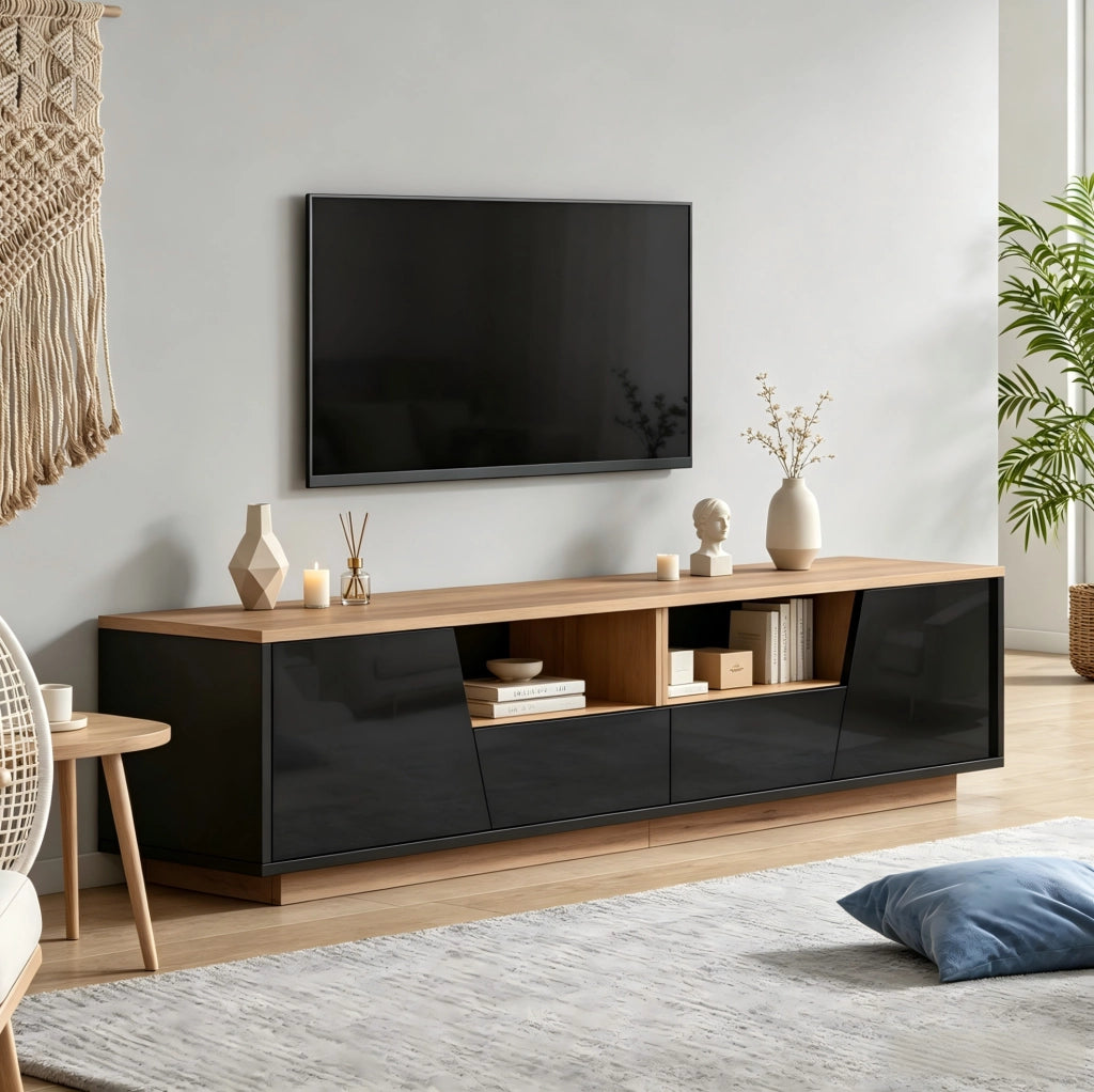 Mobile TV 180x40x46 cm con LED, 2 ante e 2 cassetti, nero e legno