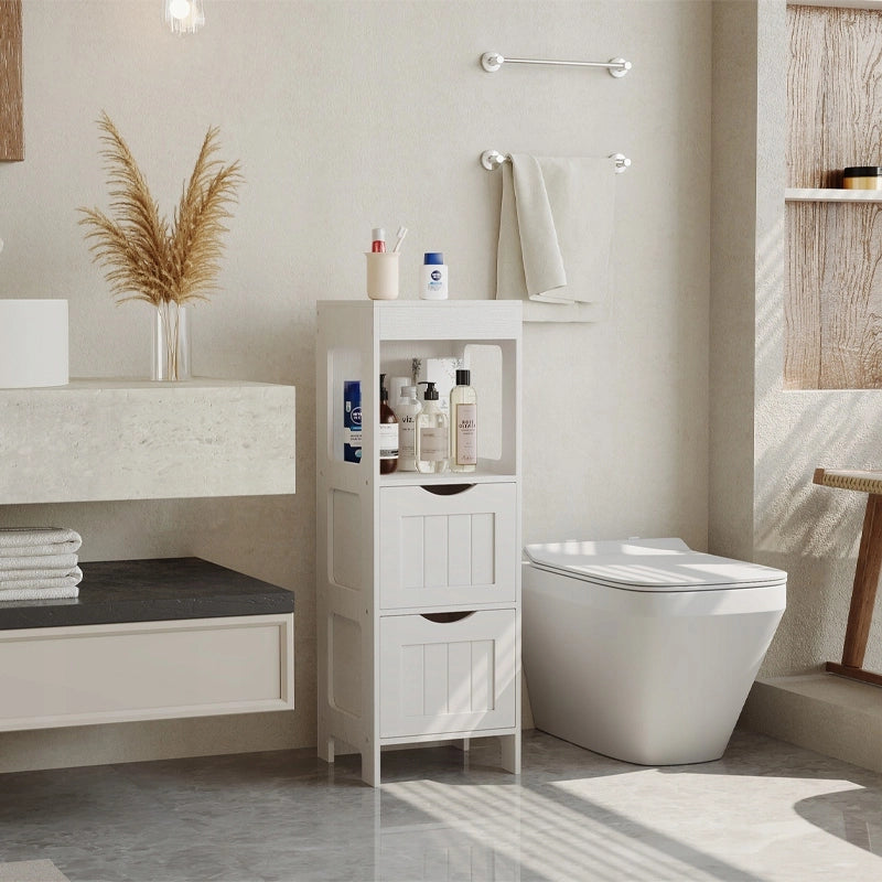 Mobile da bagno a colonna bianco con ripiani in legno 89x30x30 cm