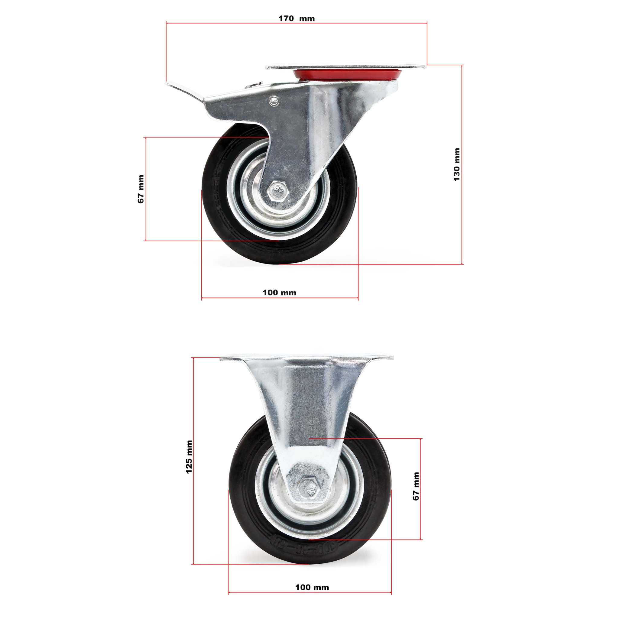 Set rotelle da trasporto 100 mm 2 ruote piroettanti con freno 2 fisse, nucleo in metallo, 70 kg a ruota