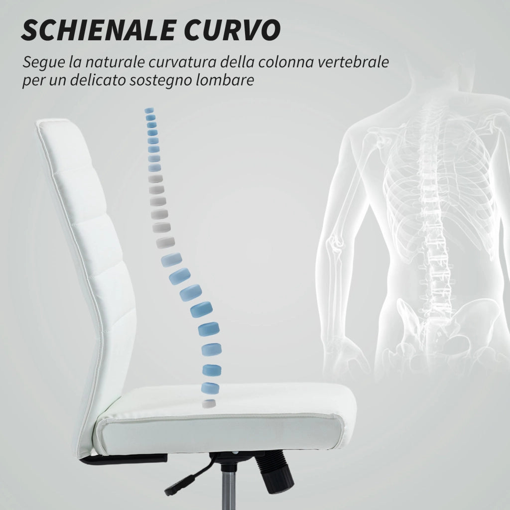 Sedia da Ufficio Ergonomica e Regolabile 58x53x97-107 cm con Schienale Ricurvo in Pelle PU e Acciaio Bianco