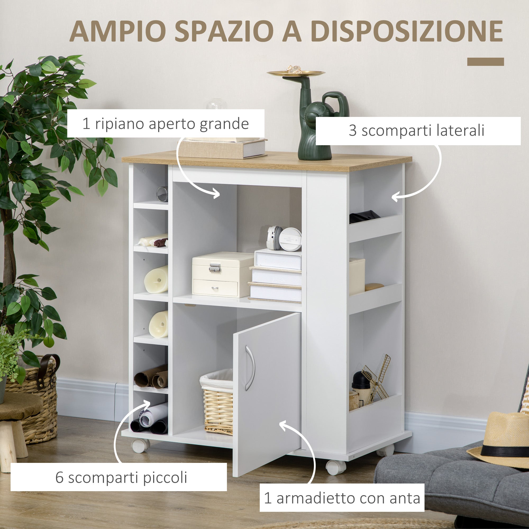 Carrello da Cucina con Armadietto e Ripiani Regolabili 75x39,5x88 cm Bianco