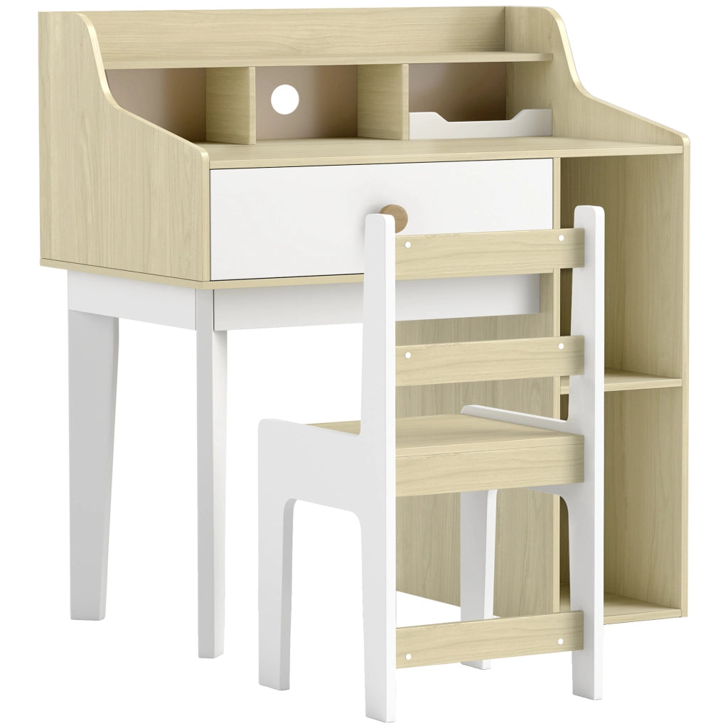 Set Scrivania per Bambini e Sedia in Legno con Scaffale e Cassetto, Et¨¤ 3-10 Anni, Bianco e Legno