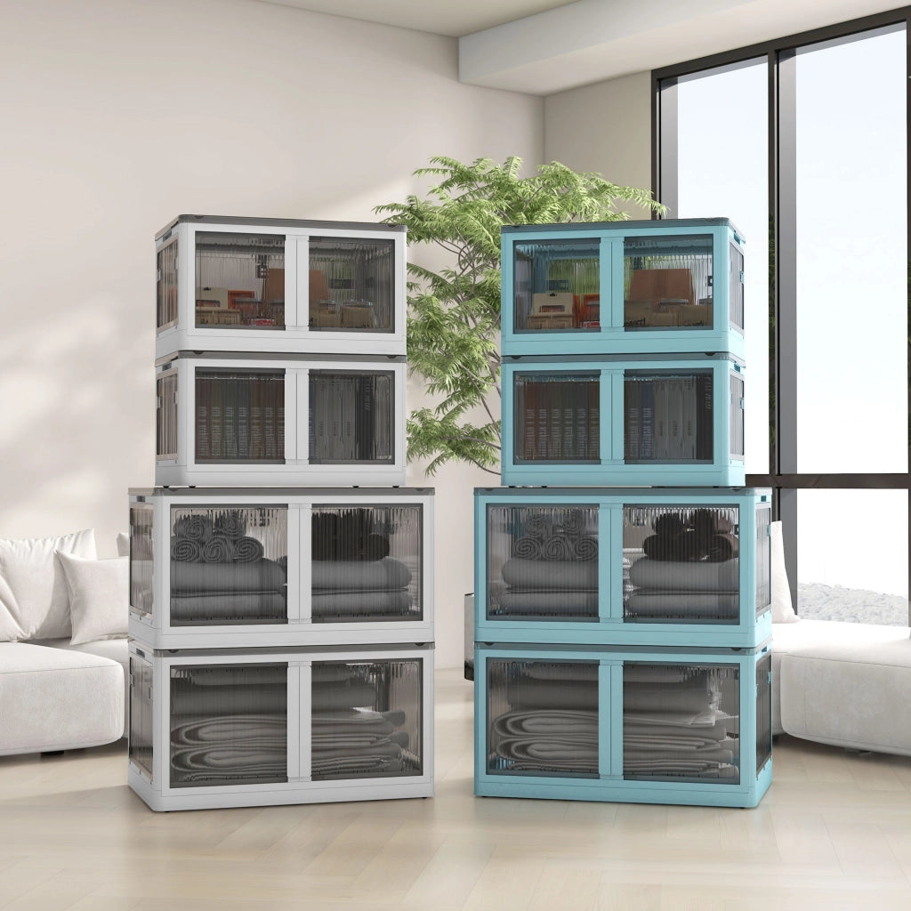 Mobile contenitore pieghevole con ruote; accesso su 5 lati e coperchio impilabile per casa; 60×42×34 cm