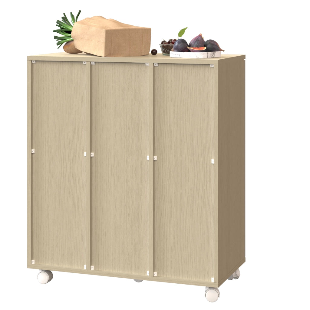 Armadio porta rifiuti a 3 scomparti su ruote, effetto legno chiaro, 69,3x35x80 cm