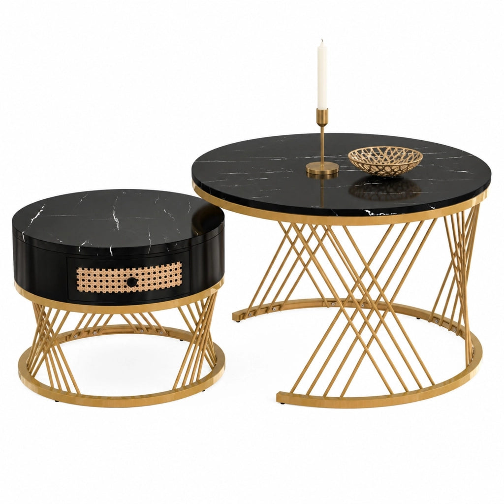 TAVOLINO DA SALOTTO Set da 2 pezzi rotondo 70/50 cm MDF nero con base oro