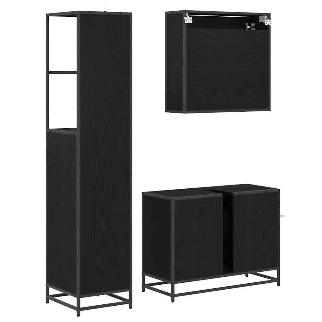 Set di mobili per il Bagno | Armadio da bagno 3 pz Rovere Nero Legno multistrato