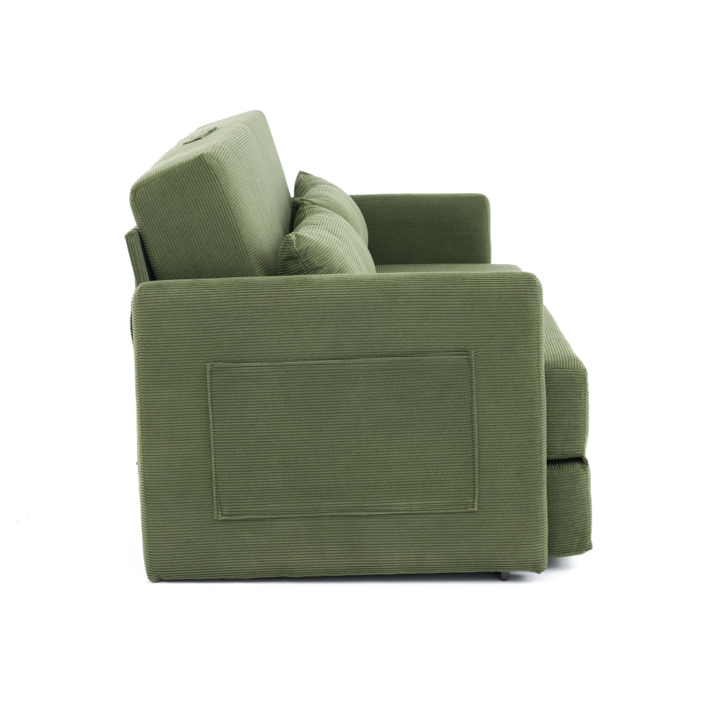 Divano Letto Convertibile 2 Posti con tasche laterali e due cuscini lombari, in velluto a coste, Verde