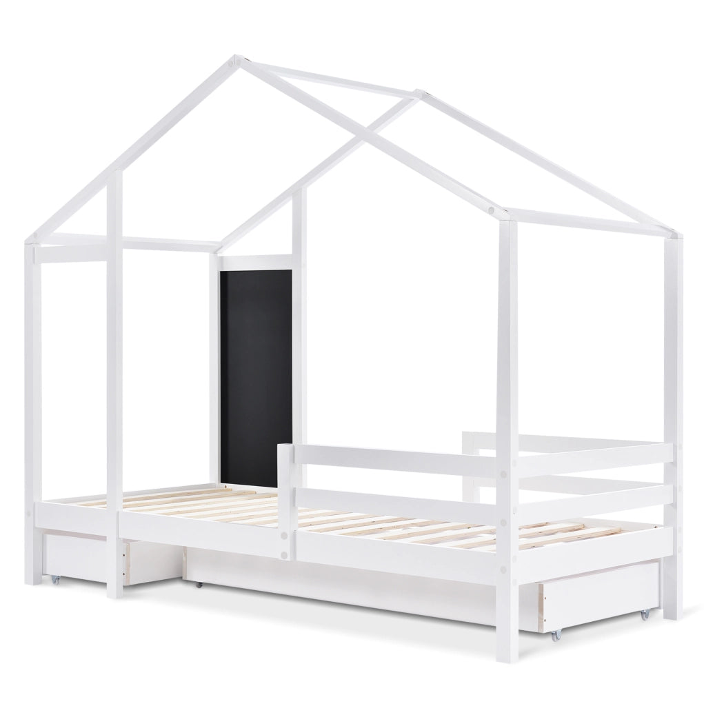 Letto a casetta per bambini 90x200 cm in legno massello bianco con lavagna e 2 cassetti