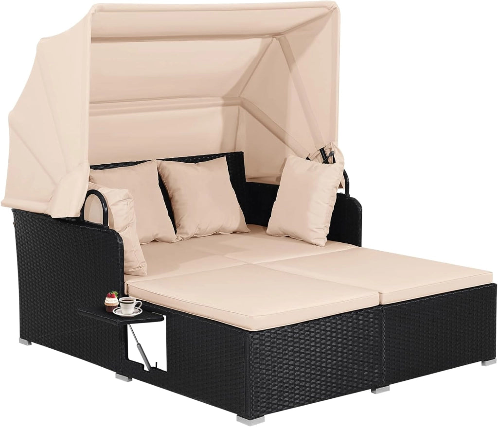 Lettino da Esterno in Rattan, Set di Divani da Patio con Tettuccio Retrattile e 2 Tavolini, Lettino da Esterno con Morbidi Cuscini e Ampia Superficie di Sdraio, 3 Colori (Beige)