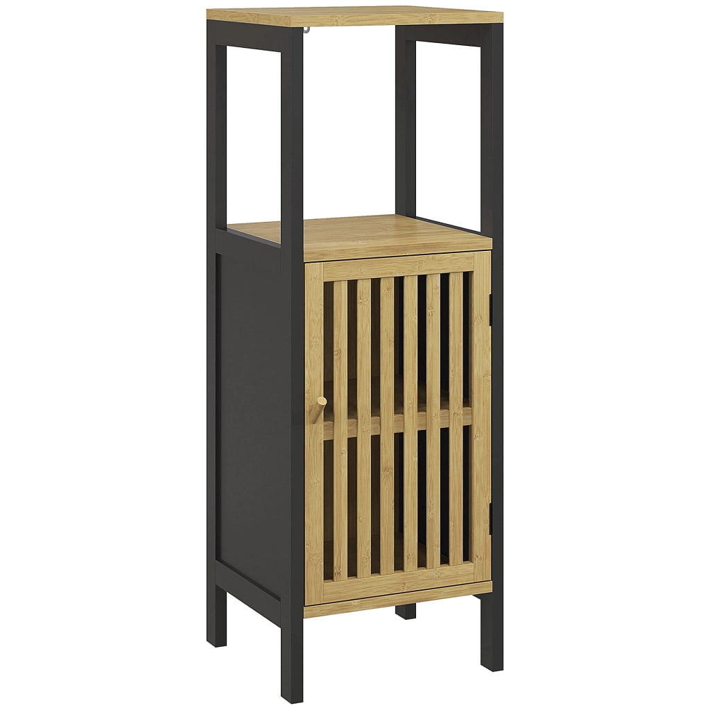 Mobiletto Bagno con Ripiano Aperto e Armadietto, in MDF e Bamb¨´, 32x30x90.5 cm, Nero e color Legno