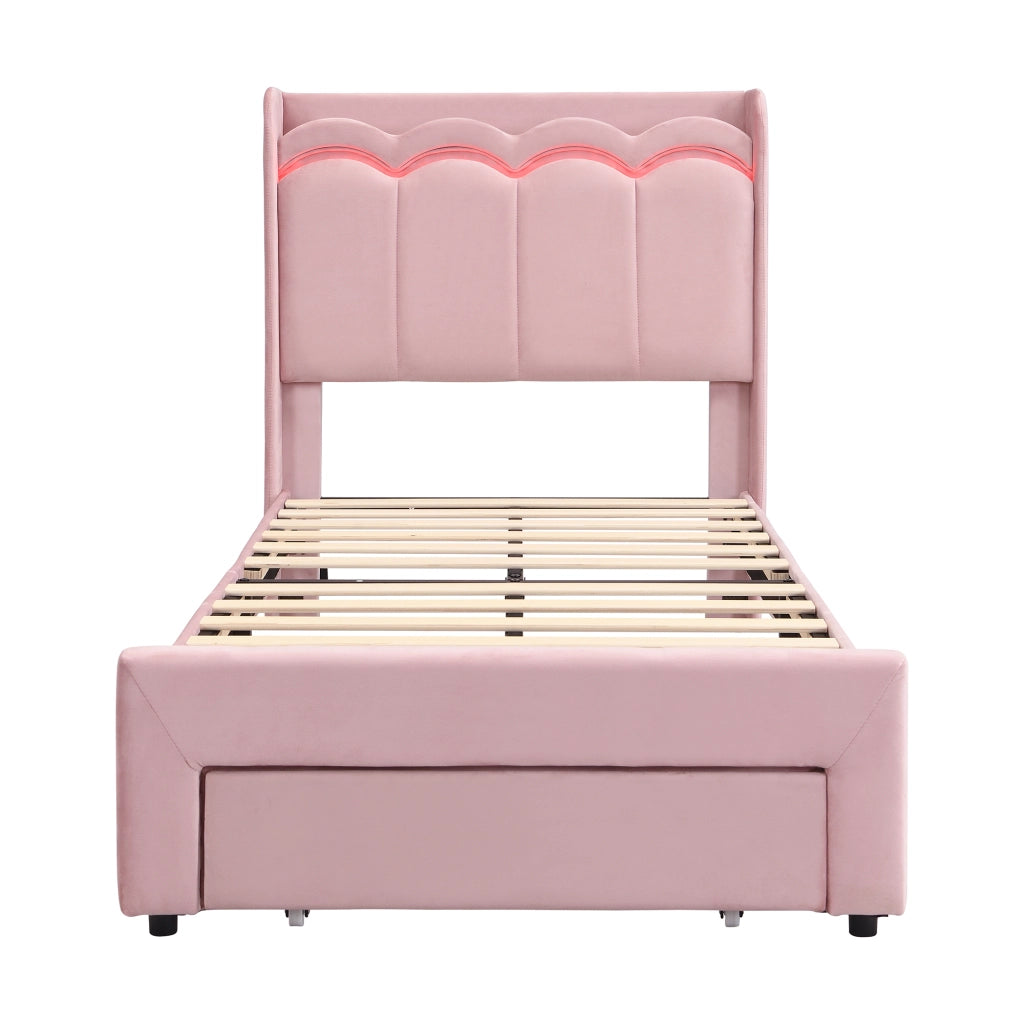 Letto imbottito per bambini 90x200 cm con cassetto e LED; velluto rosa