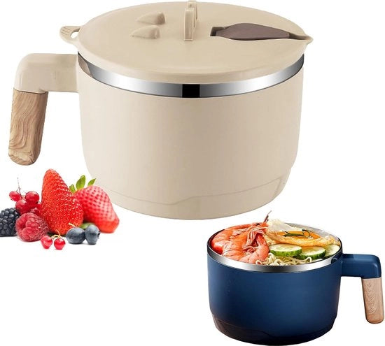 Acciaio inossidabile, ciotola di zuppa giapponese, 1000 ml, doppio isolato, chiusa ermeticamente, ciotola per pasta con coperchio, impermeabile, ciotola per noodles istantanea, insieme da tavola, beige