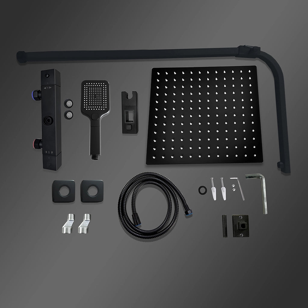 Grande soffione doccia 30x30cm con miscelatore termostatico e doccetta a 3 modi di getti, nero