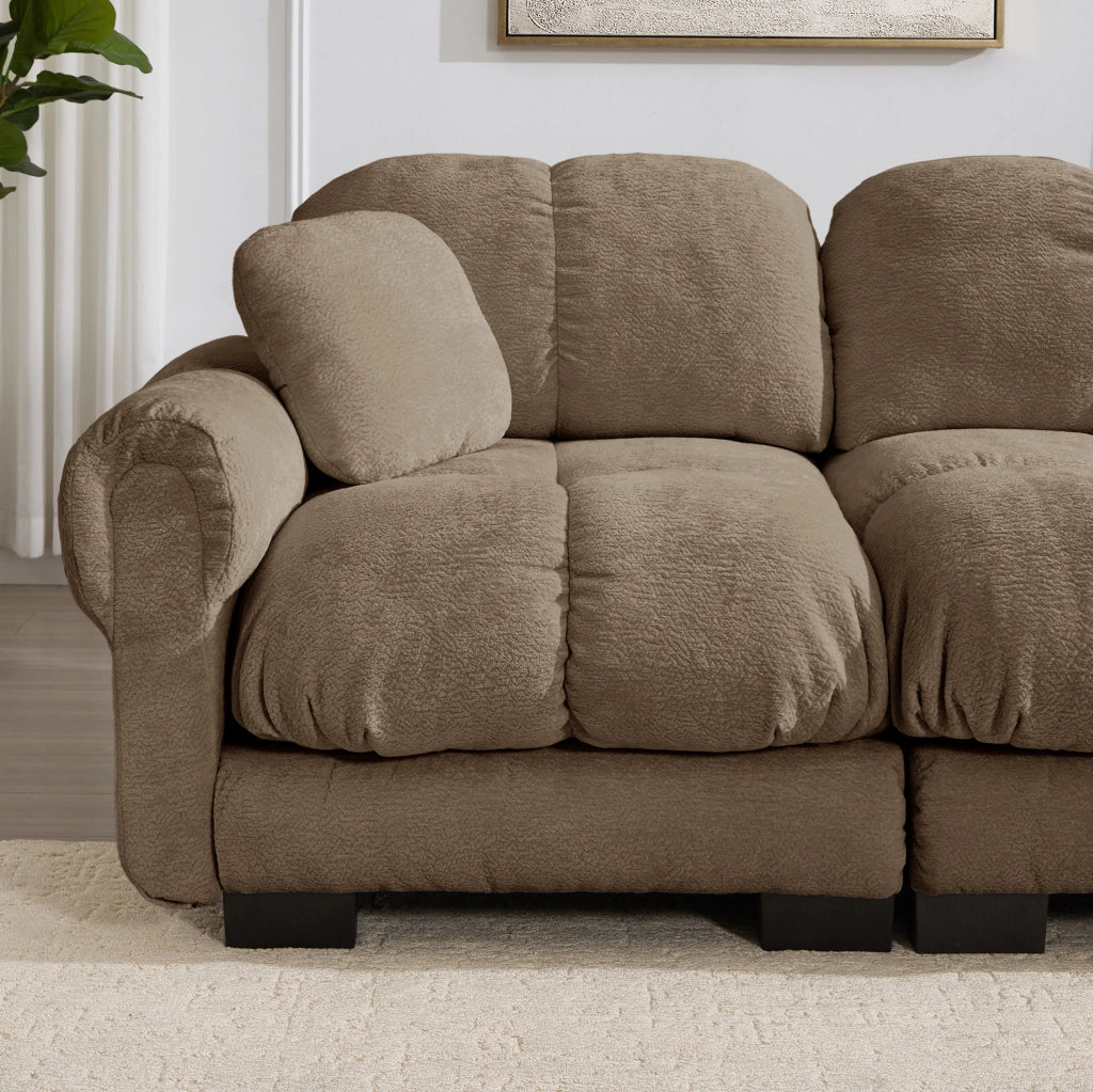 Divano modulare in chenille marrone con cuciture trapuntate; cuscini spessi e 330x86x90 cm