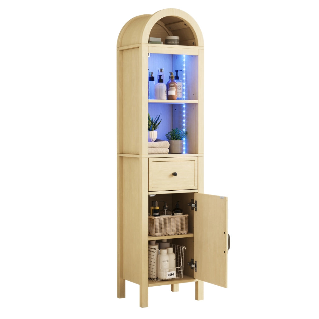 Mobile da bagno con 1 anta; cassetto e LED; per bagno; in MDF; 40x30x163 cm; naturale