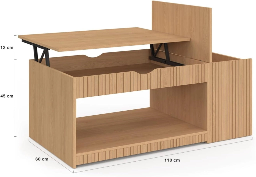 Tavolino rettangolare alzabile JULIETTE con cassa in legno a doghe color rovere