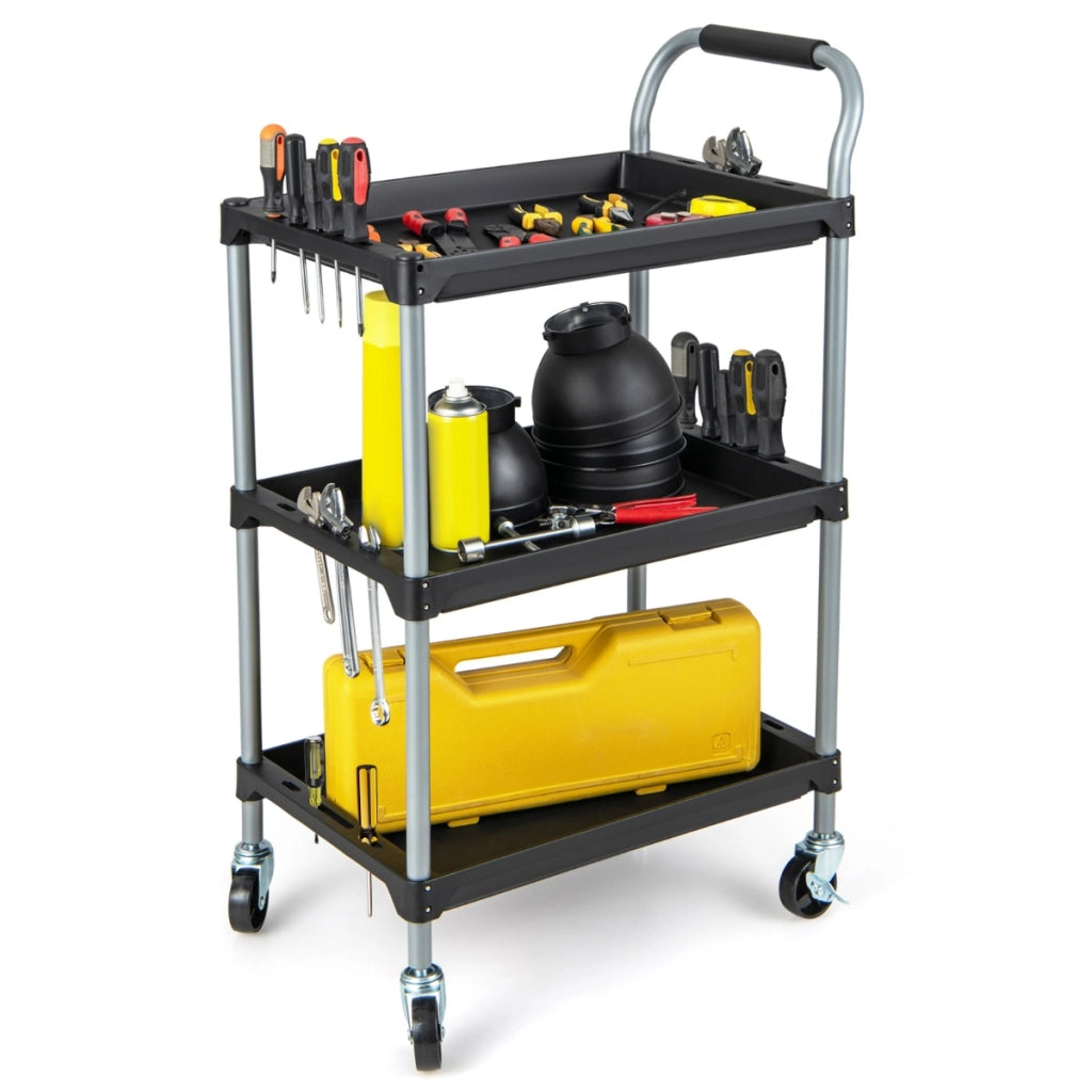 Carrello di grande capacit¨¤ organizzatore di utensili manico imbibito e ruote girevoli-Carrello utensili a 3 strati con ripiani Nero