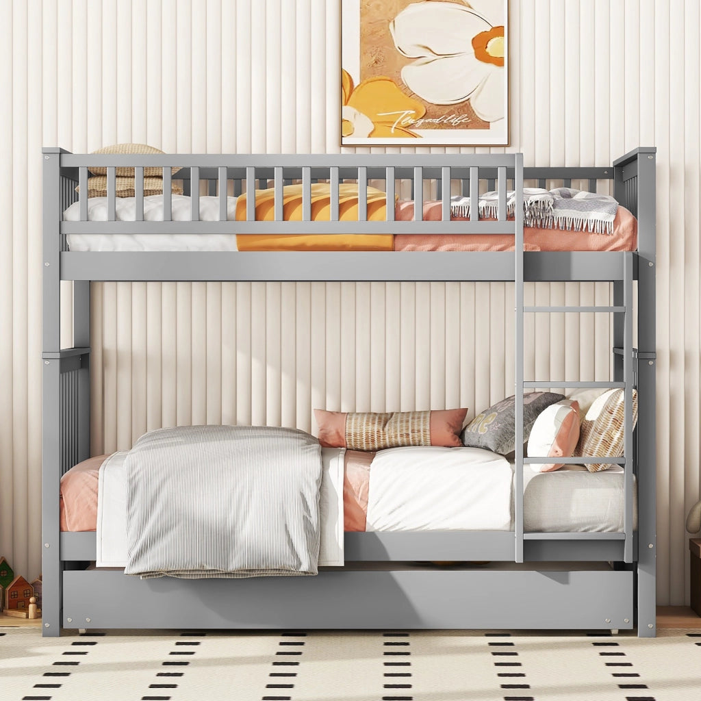 OKWISH Letto a Castello 90×200 cm, Letto 3 Posti con Letto Estraibile, Scala e Sponde Alte, senza Materasso, in Pino, Grigio