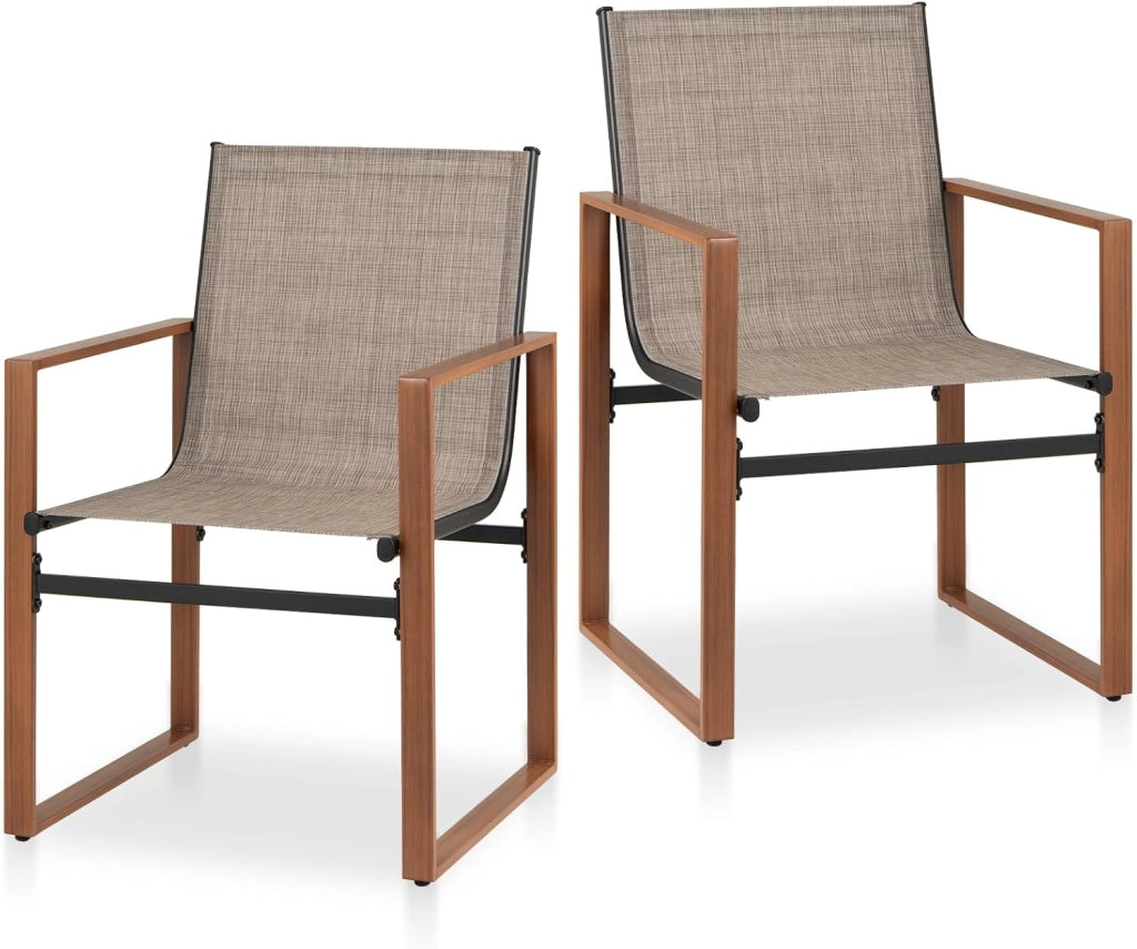 Set di 2 Sedie da Giardino Ergonomico in Tessuto e Metallo, Sedie da Pranzo da Esterno con Schienale Inclinato e Braccioli, Sedia da Patio, Terrazza, Balcone, Portata 150kg (Marrone)