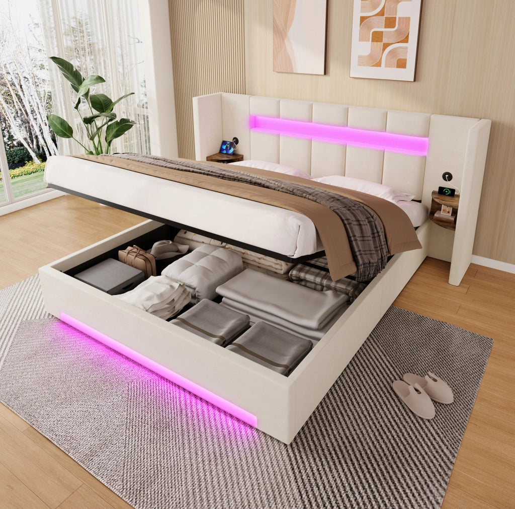 Letto contenitore in velluto beige 160x200 cm con LED e USB