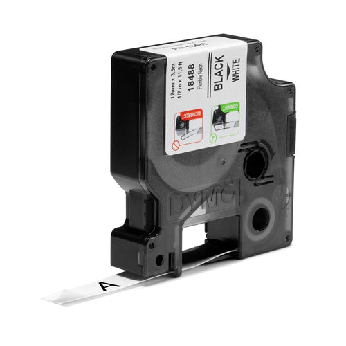 DYMO Rhino etichette industriali flessibili in nylon autoadesive / rotolo da 12 mm x 3,5 m / stampa nera su bianco