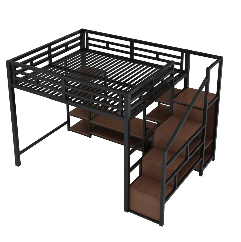 Letto a soppalco 140x200 cm con supporto TV e presa in metallo e MDF nero