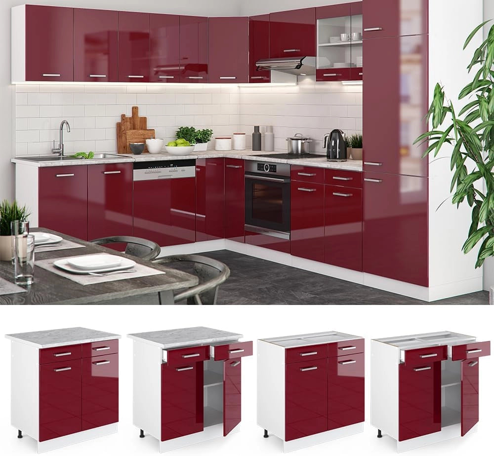 Mobiletto base per cucina R-Line, Rosso lucido, 80 cm, PL Marmo, per la libera combinazione all'interno di sistemi cucina modulari