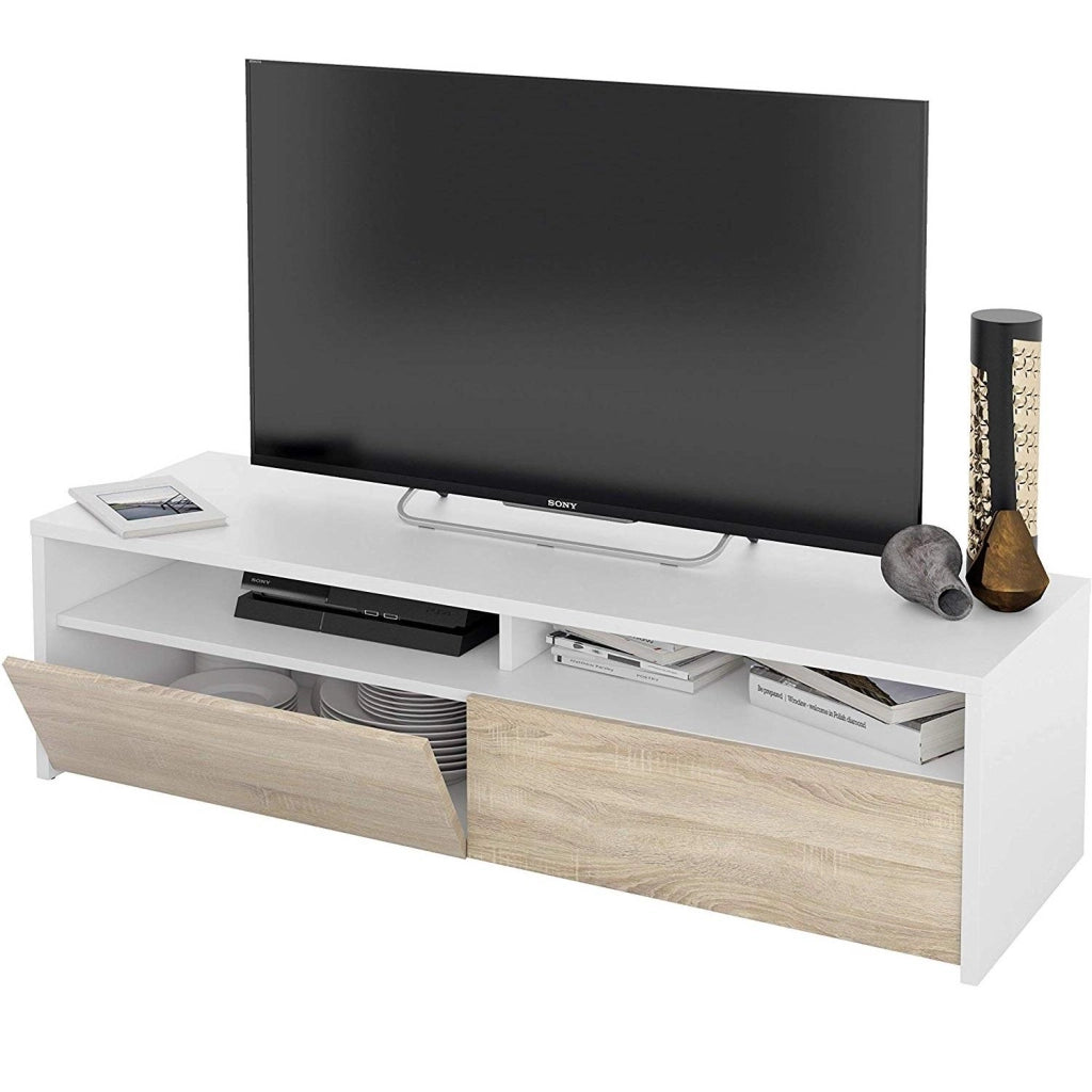 Mobile Soggiorno Porta Tv Moderno Parete Attrezzata Con 2 Ante E 2 Vani A Giorno Mobiletto Salvaspazio Da Terra Per Televisione Soggiorno Salotto Camera Da Letto 130 x 40 x 35 Cm Bianco E Rovere